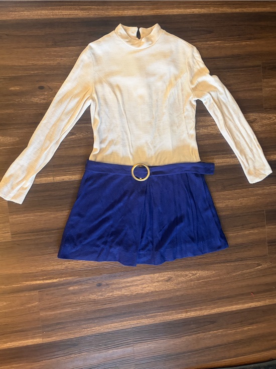 Vintage Dresses & Skirts - Vintage 70s cream blue Long-Sleeve mod Mini dress and Gold Ring Belt